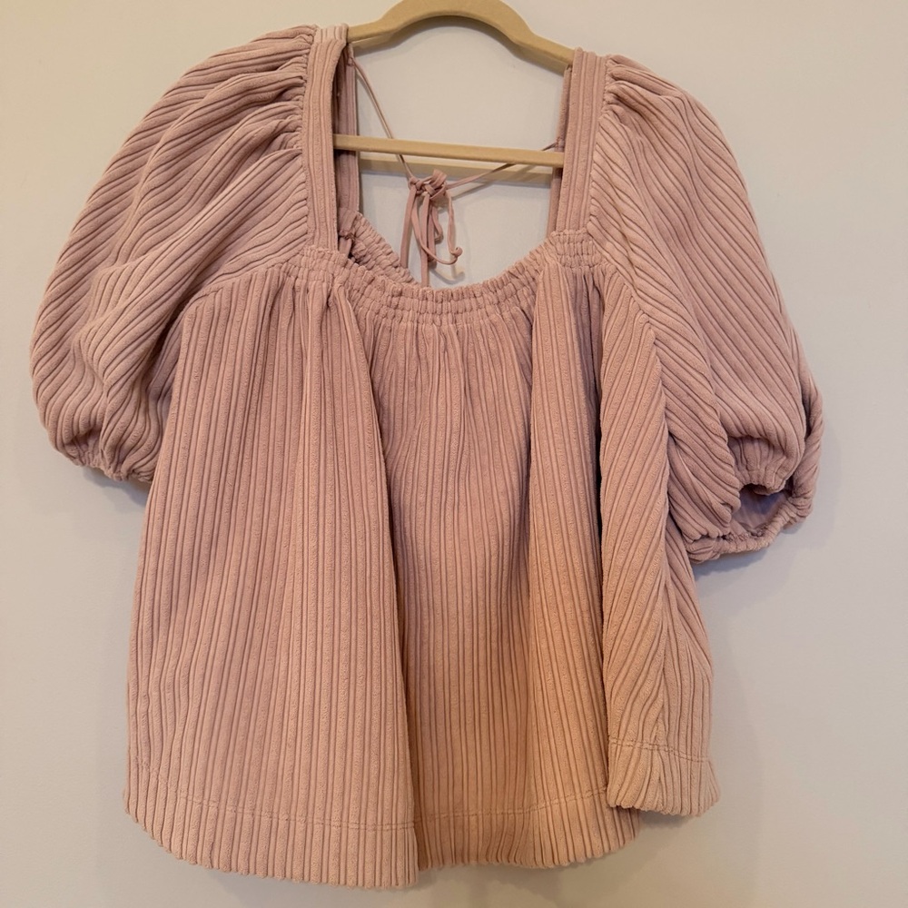Free People Blush Pink Ribbed Puff Sleeve Top